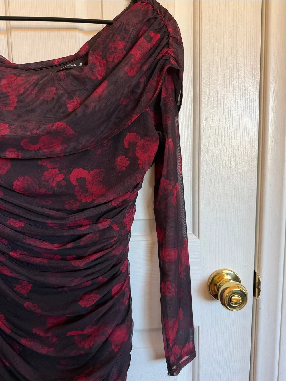 Abercrombie & Fitch Burgundy Floral Ruched Off-Shoulder Long Sleeve Maxi Dress
